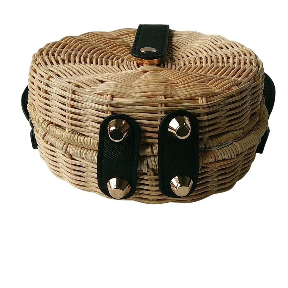 Disney Mickey Mouse Crossbody Bag Womens Tan Woven Straw Wicker Black Ears
